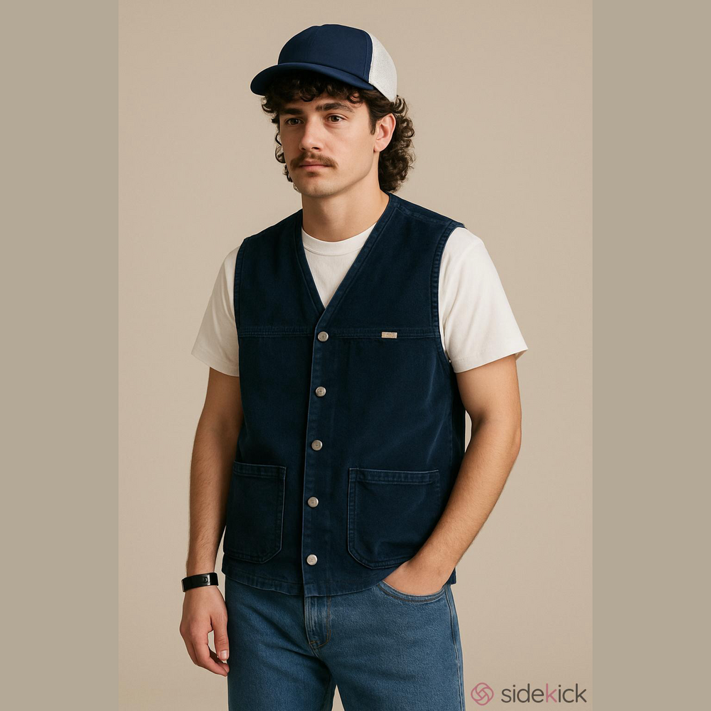 Vintage Wash and Wear blue suede longline trucker vest men’s size medium